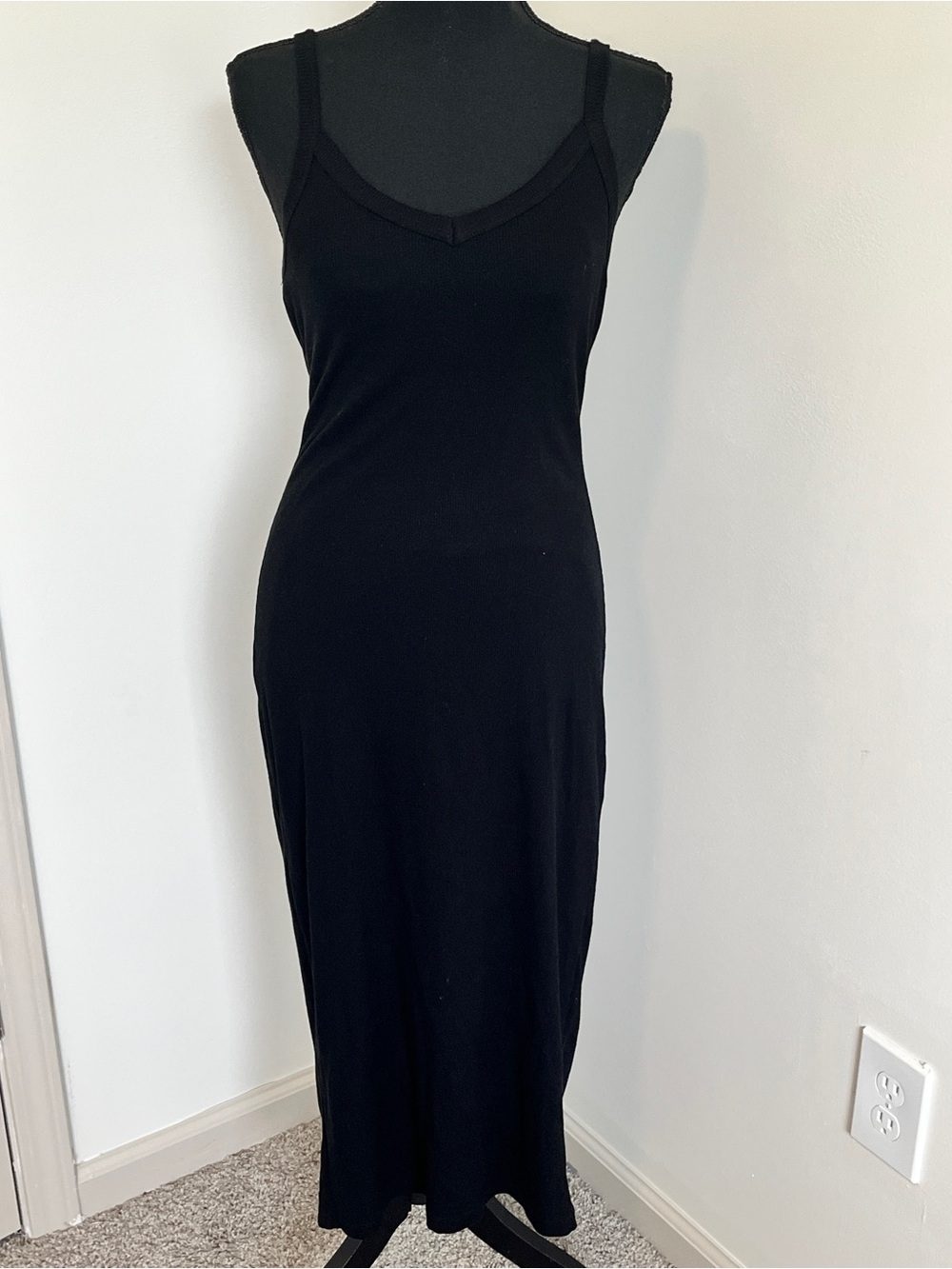 Marine Layer Black Ribbed Knit Midi Dress | Size S Stretch Minimalist Travel